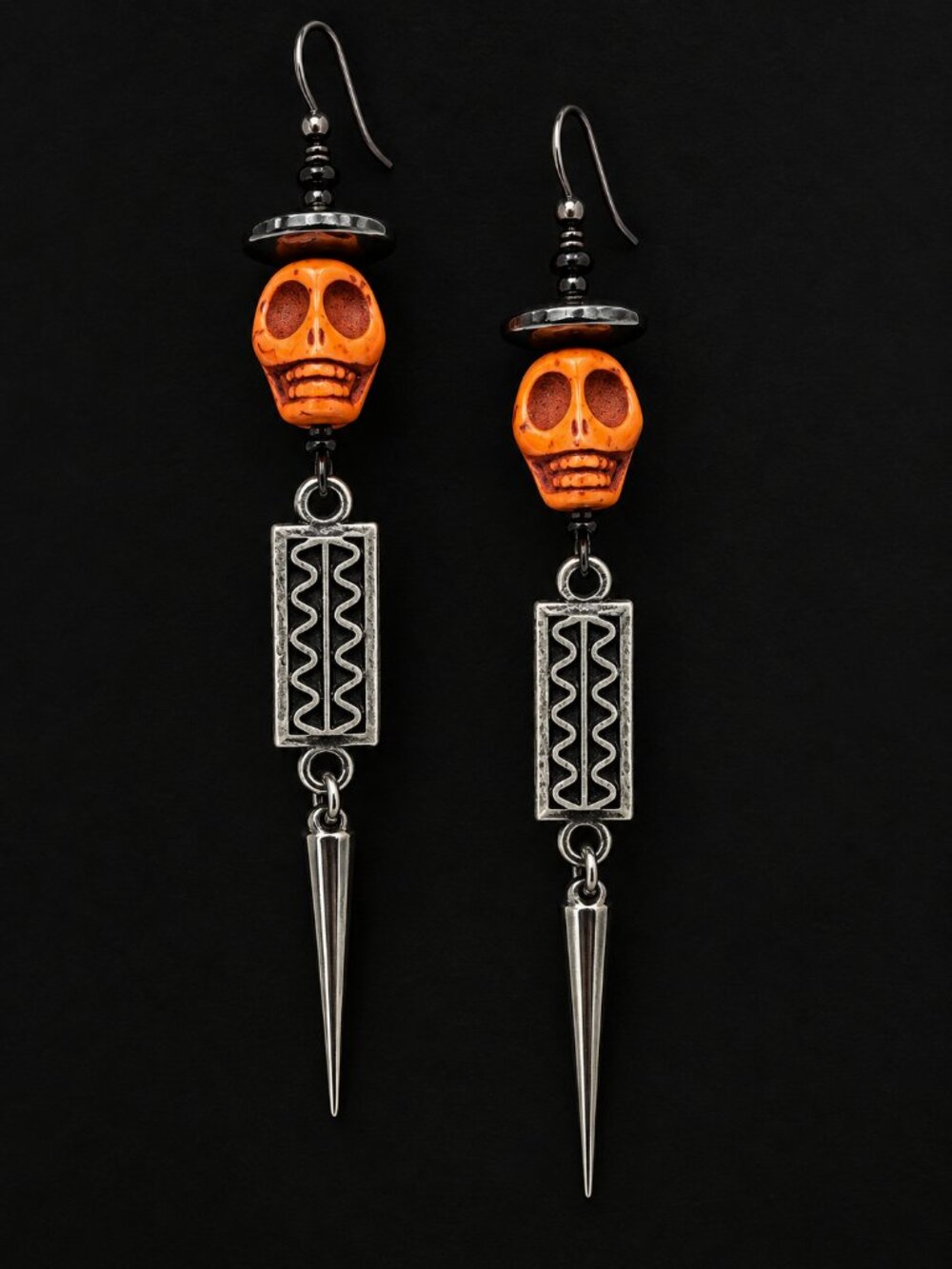 Handmade Orange Skull Spike Earrings | Gothic Statement Dangles | Pierced & Clip